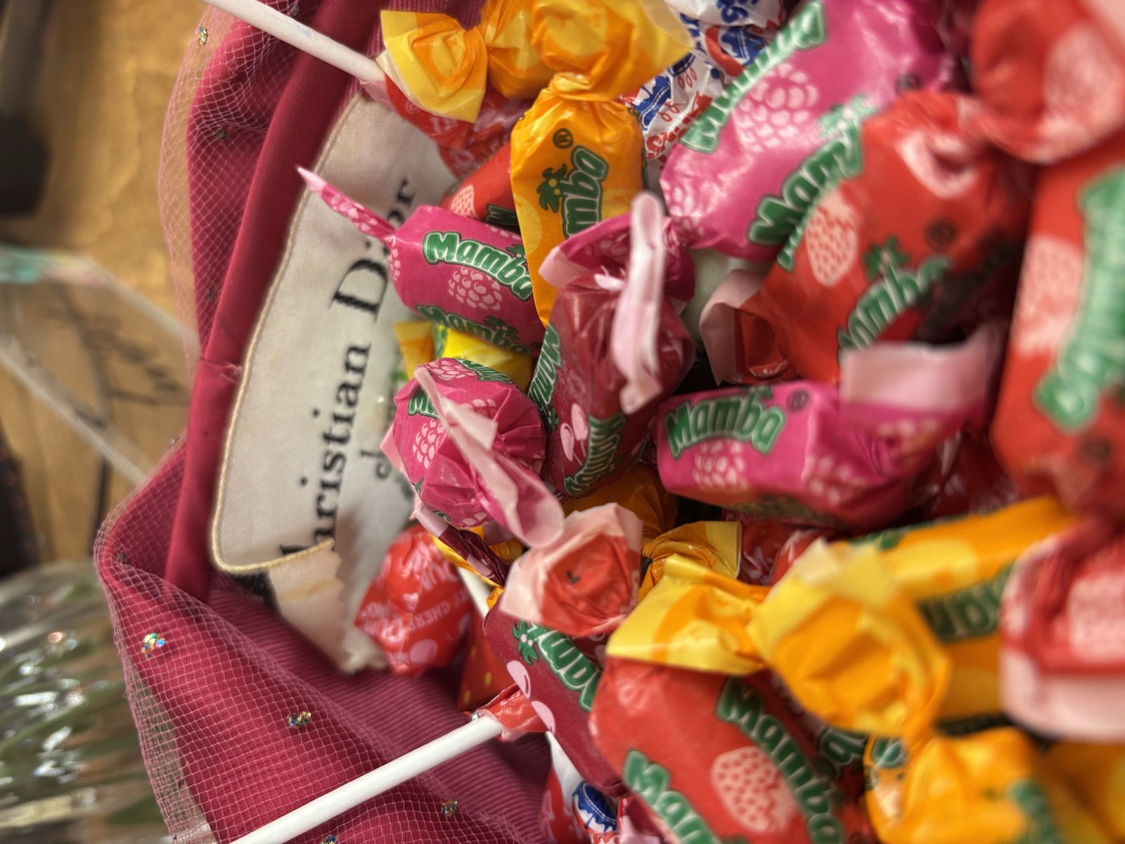 Louise Lankford's Christian Dior hat filled with colorful candy