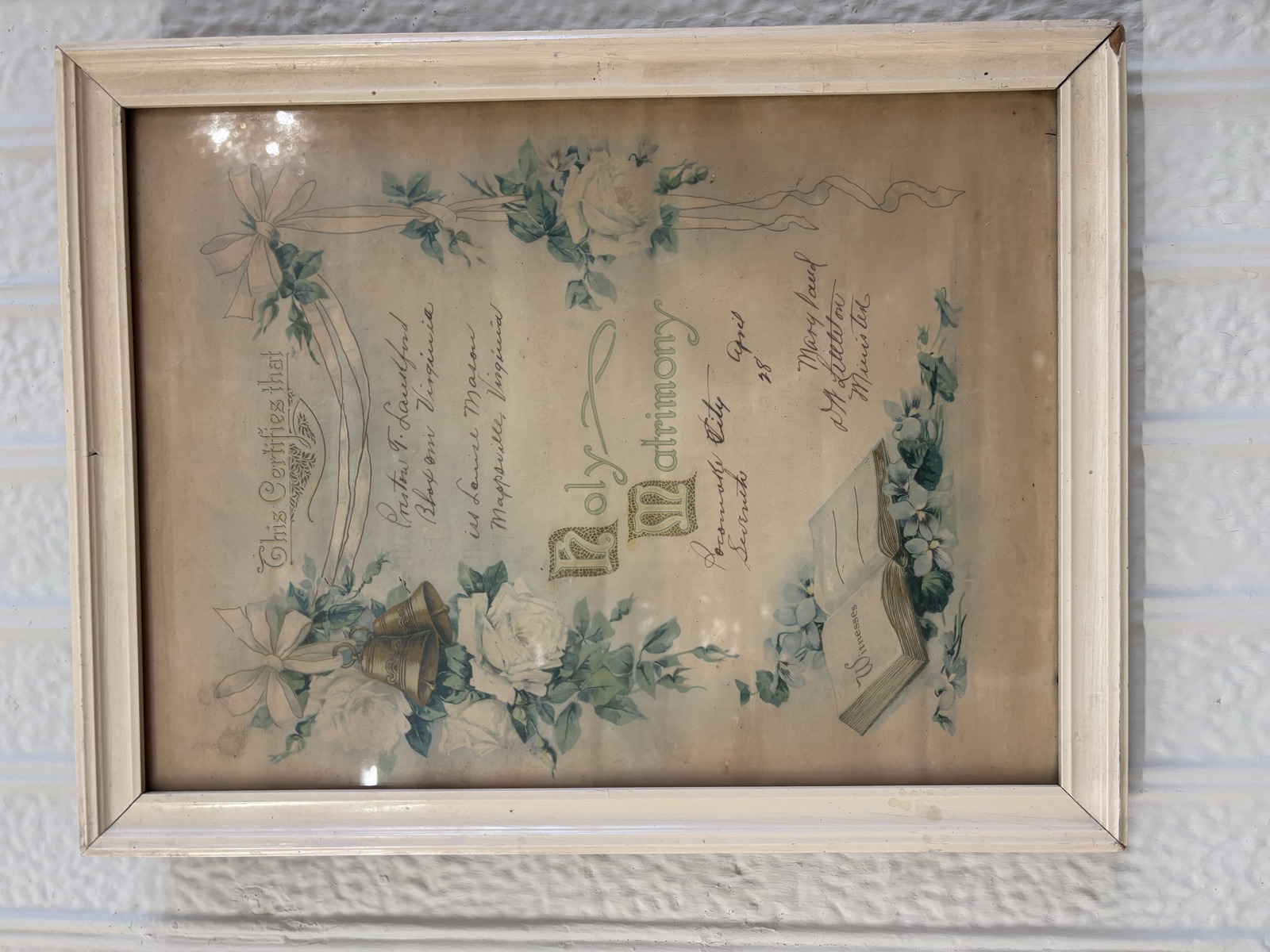 Framed certificate from Louise Lankford's 1925 wedding