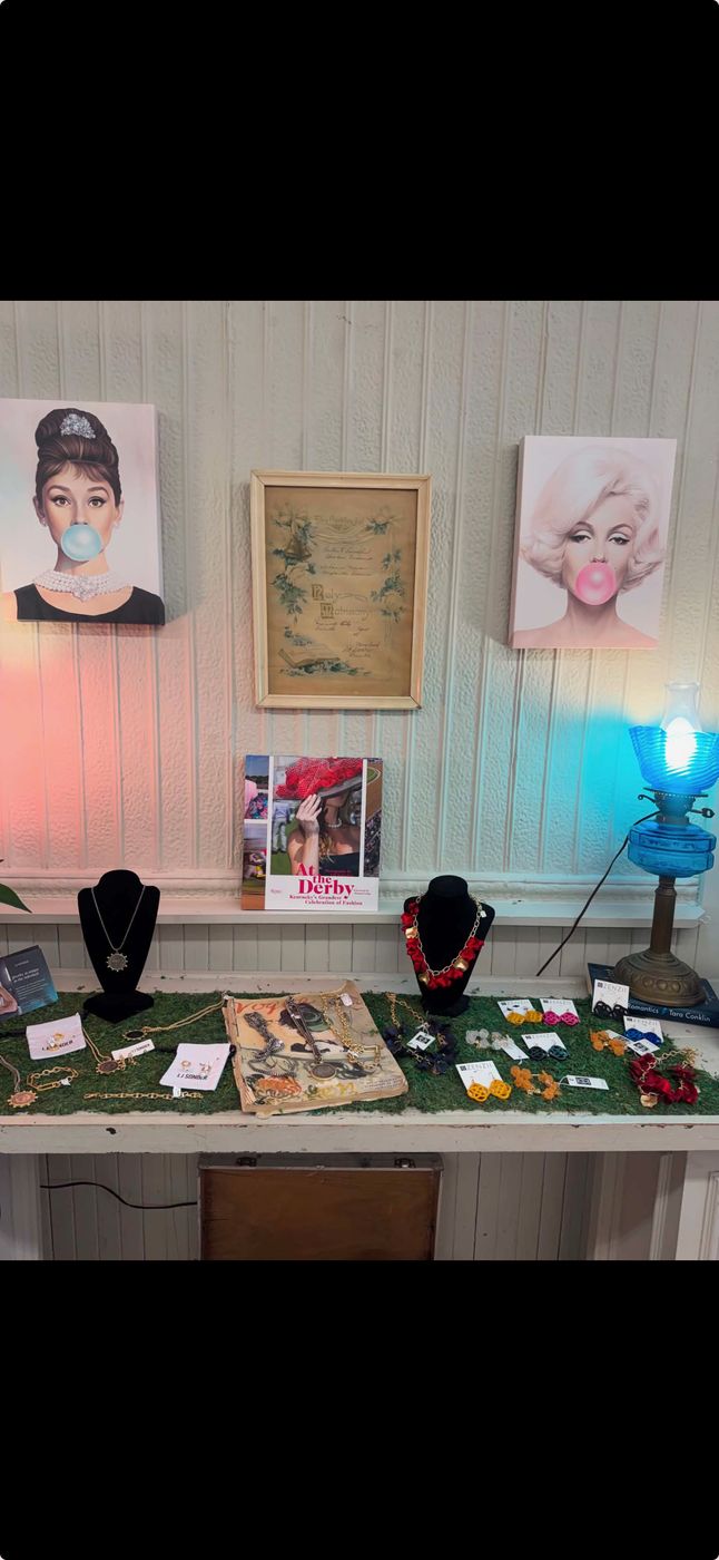 Audrey and Marilyn prints above the earring wall