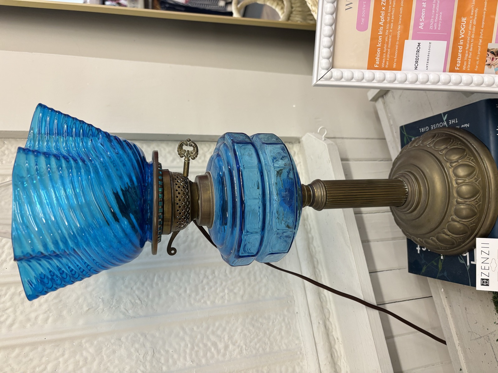 Louise Lankford's cobalt-blue glass lamp displayed inside the shop